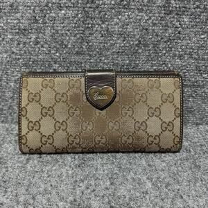 GUCCI Lovely Heart GG Canvas Leather Bi-fold Long Large Wallet Brown Authentic
